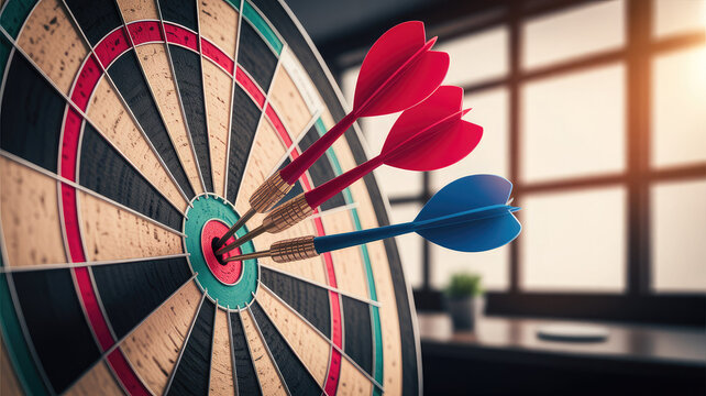 Dartboard with three darts in the bullseye target arrows