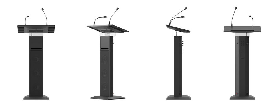 Four modern lecterns with microphones displayed from different angles on a white background