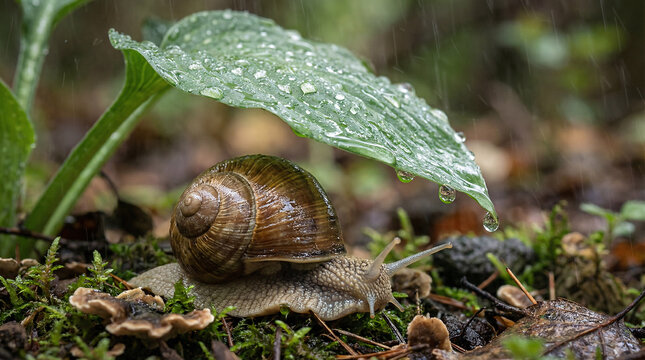 Captivating Close-up Macro Photograph Featuring A Garden Snail Sheltering Beneath A Large Green Leaf During A Gentle Summer Rainfall In The Forest