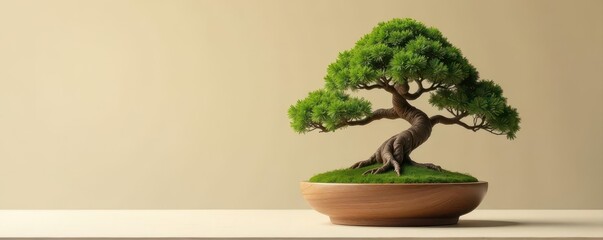 Elegant bonsai in natural wood planter, soft beige surface, tree, decor