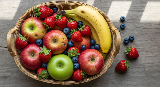 Fresh fruit basket with apples bananas strawberries and blueberries on wooden table top view transparent background