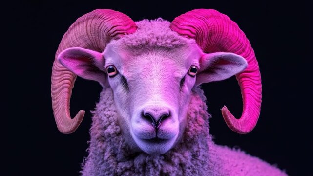 Portrait of a ram with large, pink horns, in soft lighting against a dark background