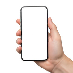 Hand holding a blank smartphone against a white background isolated on transparent background