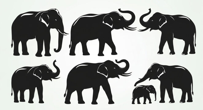 Collection of Elephant Silhouettes in Various Poses.