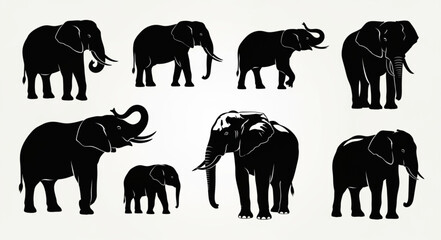 Collection of Elephant Silhouettes in Various Poses. © Sri