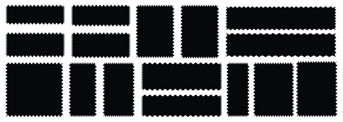 wavy rectangular frames scallop set black. Postage stamp borders.Set of black wavy edge frames. Rectangle shape frame with zigzag edge.Geometric zig zag wavy edge stickers, frames, shapes.Zig zag edge