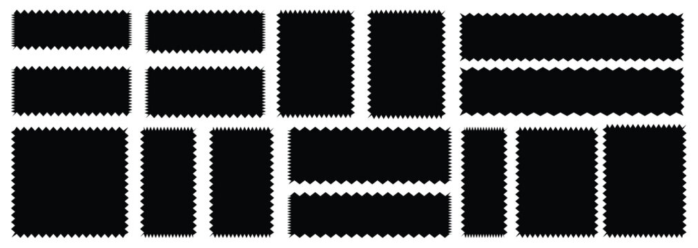 wavy rectangular frames scallop set black. Postage stamp borders.Set of black wavy edge frames. Rectangle shape frame with zigzag edge.Geometric zig zag wavy edge stickers, frames, shapes.Zig zag edge