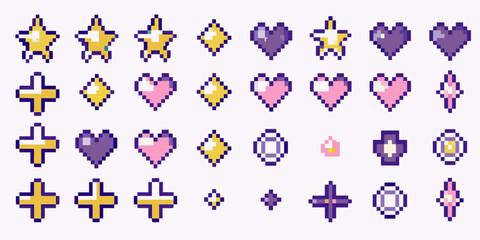 Collection of colorful pixel art icons stars hearts diamonds and crosses