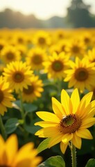 Fototapeta premium Endless sunny yellow sunflowers, busy bees flitting amongst them , agriculture, pollination