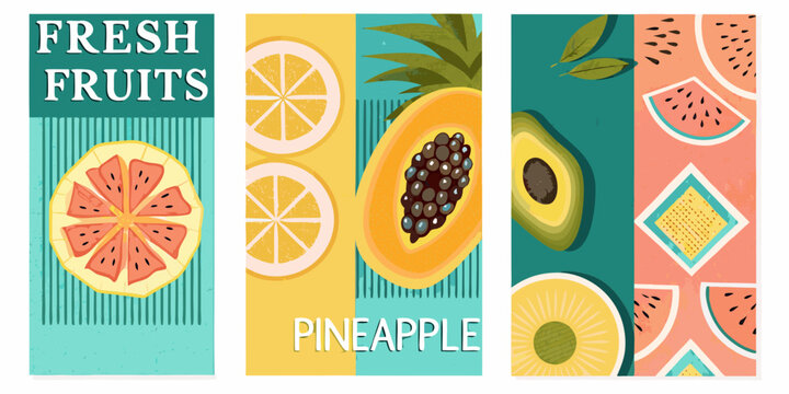 Colorful fruit illustration featuring slices of pineapple grapefruit and watermelon