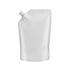 A white plastic pouch with a spout, standing upright against a white background. isolated on transparent background