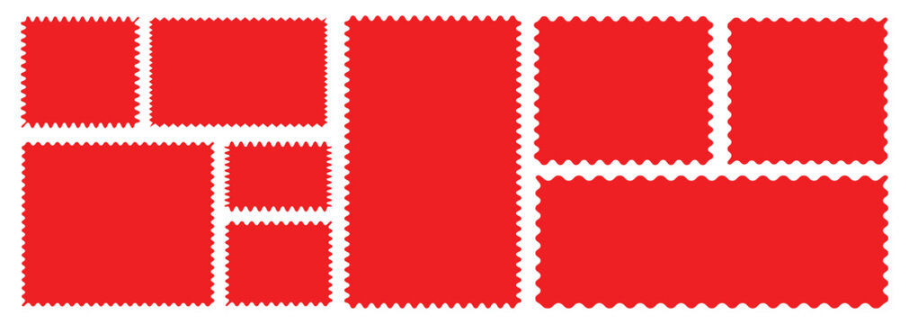 wavy rectangular frames scallop set red. Postage stamp borders.Set of red wavy edge frames. Rectangle shape frame with zigzag edge.Geometric zig zag wavy edge stickers, frames, shapes.Zig zag edge