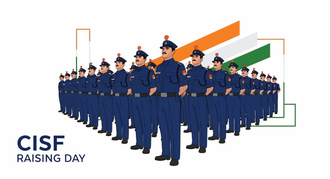 Illustration of Indian security forces in uniform celebrating CISF Raising Day with a National security theme, featuring a vector design of people in blue attire standing in formation with