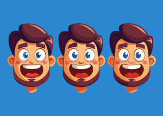 Three identical cartoon male faces with brown hair and beards laughing on a blue background.