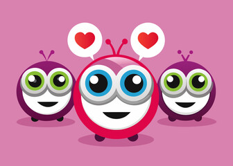 Group of cute cartoon monsters with big eyes and heart speech bubbles on pink background