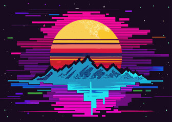 Retro pixel art sunset over jagged blue mountains with vibrant neon synthwave colors
