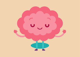 Cute cartoon illustration of a pink brain character meditating for mindfulness and mental health.