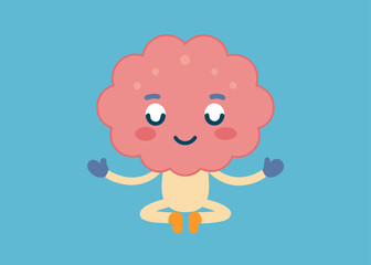 Cute cartoon brain character meditating in a cross legged yoga pose on a blue background