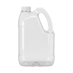 A clear, empty plastic jug with a handle and a wide mouth, standing upright. isolated on transparent background