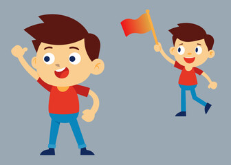 Cheerful cartoon boy character waving his hand and holding a flag in two different poses
