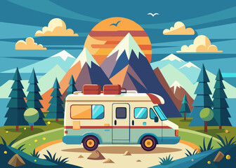 A vintage camper van parked in a scenic mountain landscape during a vibrant sunset