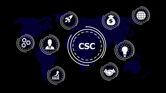 Global CSC concept with business icons and world map on dark background cloud service