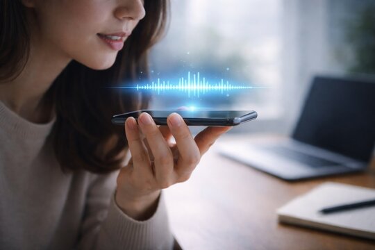 Woman using smartphone with AI voice assistant waveform hologram, artificial intelligence communication technology, virtual assistant, smart device innovation and digital transformation concept