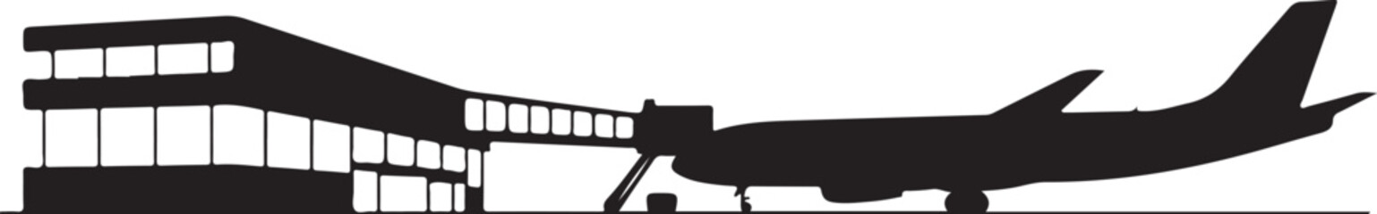 Black and white airplane boarding at airport terminal silhouette