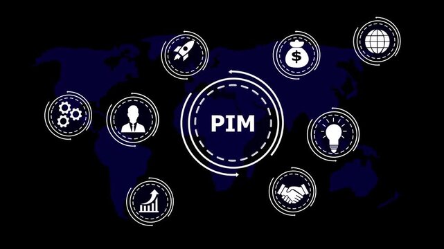 Global PIM concept with business icons and world map on dark background product information management