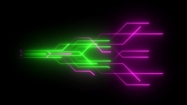 Digital circuit chipset board processor pattern. Neon circuit board shiny technology motion design. neon lines illuminate a black background, electronic circuit board. 4k 
