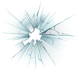 Shattered glass with cracks radiating outwards from a central hole, creating a textured and abstract pattern on a white background, conveying concepts of damage, fragility, and destruction