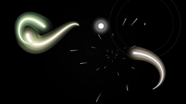 A neon caustic swirling spiral effect in a dark environment viewed from a straight-on perspective