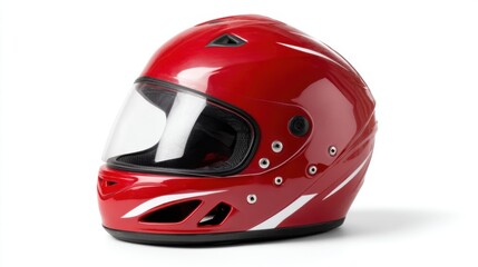 Fototapeta premium Red sports helmet with safety features, isolated on white background for promotional material 