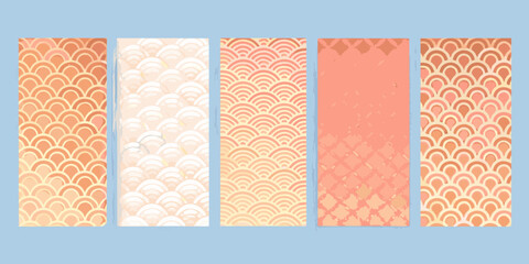 Four vertical panels displaying ornate coral colored koi fish scale patterns © Tithi