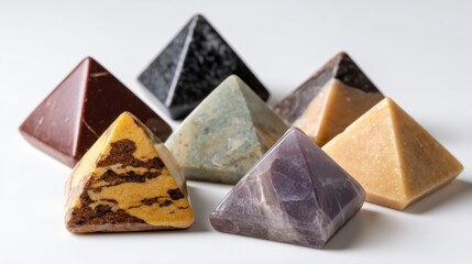 Set of colorful gemstone pyramids including onyx, quartz, and jasper, isolated for crystal collection or metaphysical market use 