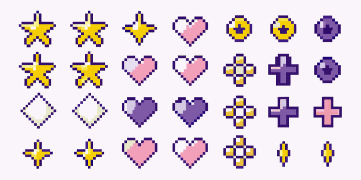 Collection of colorful pixel art icons stars hearts diamonds and crosses