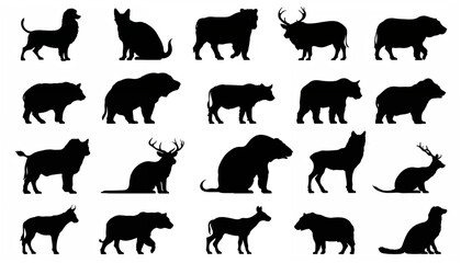 Collection of Wild Animal Silhouettes Isolated on White Background