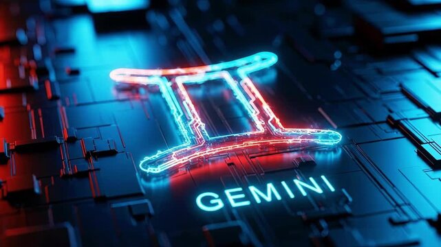 Glowing digital gemini zodiac symbol with electric circuit lines. Cyber astrology concept for horoscope.