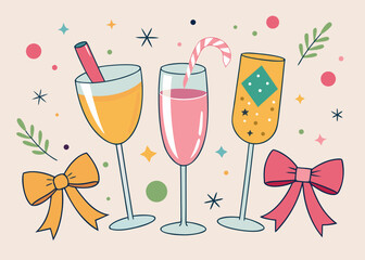 Three cute decorative cocktail glasses with colorful drinks, candy cane, and ribbon bows are surrounded by sparkles and leaves.