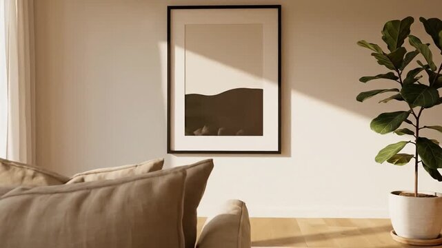 Modern living room interior with sofa, plant, and artwork