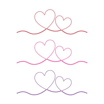 Two love hearts vector illustation art design. ribbon calligraphy line decoration, intertwined hearts outlines, greeting invitation, wedding love, valentines, mother day, romantic feelings.