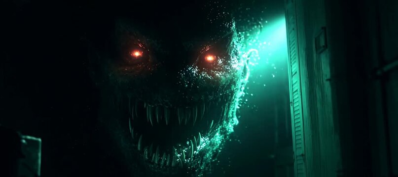 Red eyes demon monster chasing at dark corridor. Generative video AI technology.	
