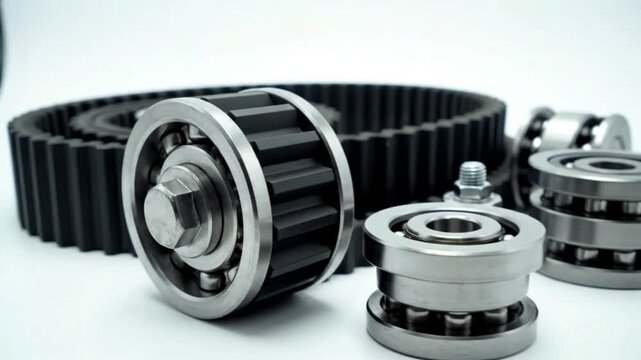 Close-up of various industrial mechanical components including bearings, a timing belt, and bolts, arranged on a clean white background.