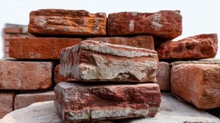 Vintage red clay bricks stacked in a traditional construction pattern, with aged surfaces and natural imperfections