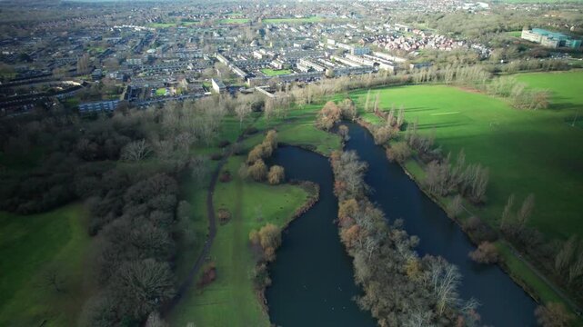 Aerial Drone Of Gloucester Park In Basildon, Large Lakes In Park