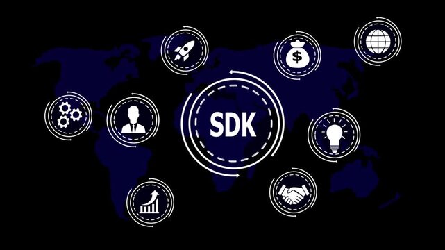 Global Business Network with SDK Acronym and Technology Icons on World Map global network