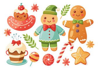 Fototapeta premium Cute watercolor Christmas vector set featuring a gingerbread man, festive cupcakes, candy, and green foliage elements.