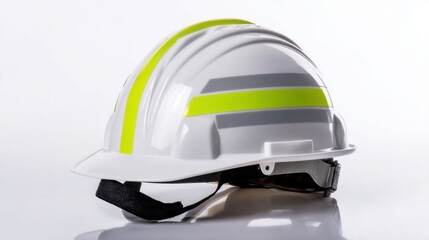 White construction helmet with reflective tape, isolated on white background for workplace safety promotions 