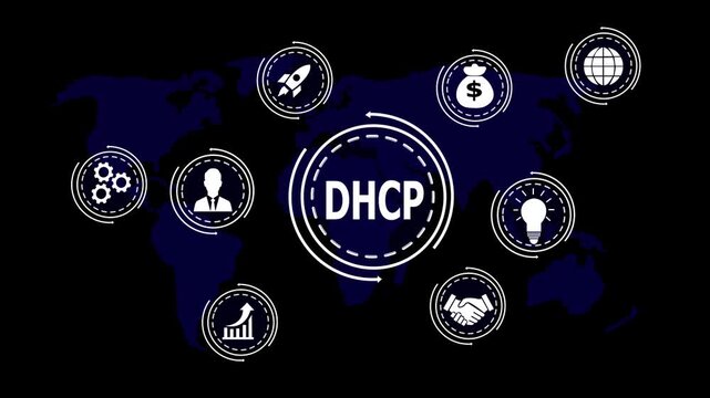 Global business concept with DHCP acronym and icons on world map DHCP