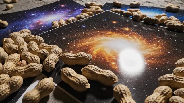 Peanuts scattered across vibrant galaxy prints, creating a striking contrast between earthly objects and the vastness of the cosmos.